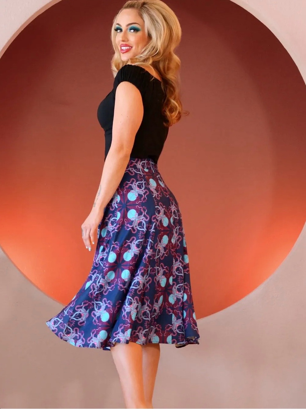 Pinup Couture Laura Byrnes Blue Daddy Cthulhu Octopus Swing Skirt XL